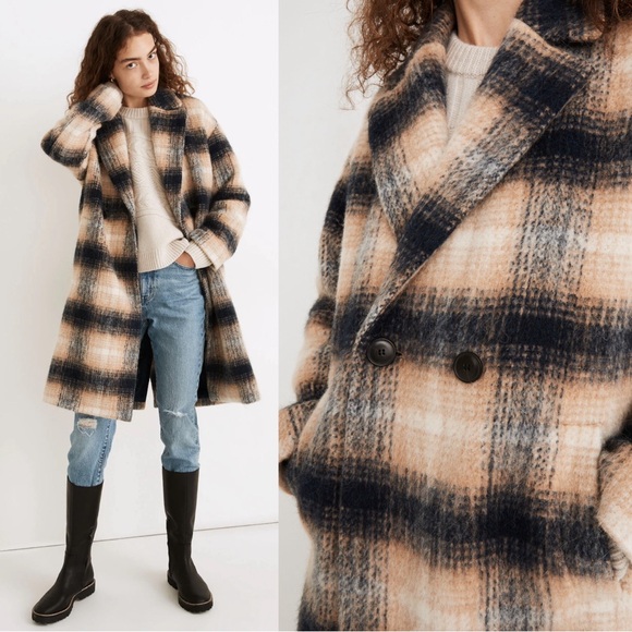 Madewell • Courton Cocoon Coat in Plaid tan blue Warm Hickory wool - Picture 5 of 12